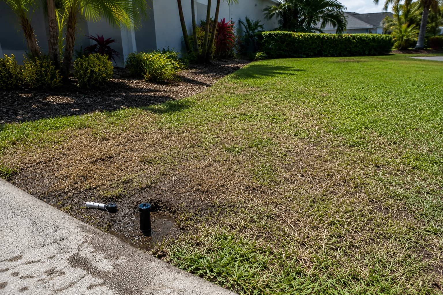 Irrigation repair photo showing sprinkler heads, wet soil, and dry grass needing better water coverage.