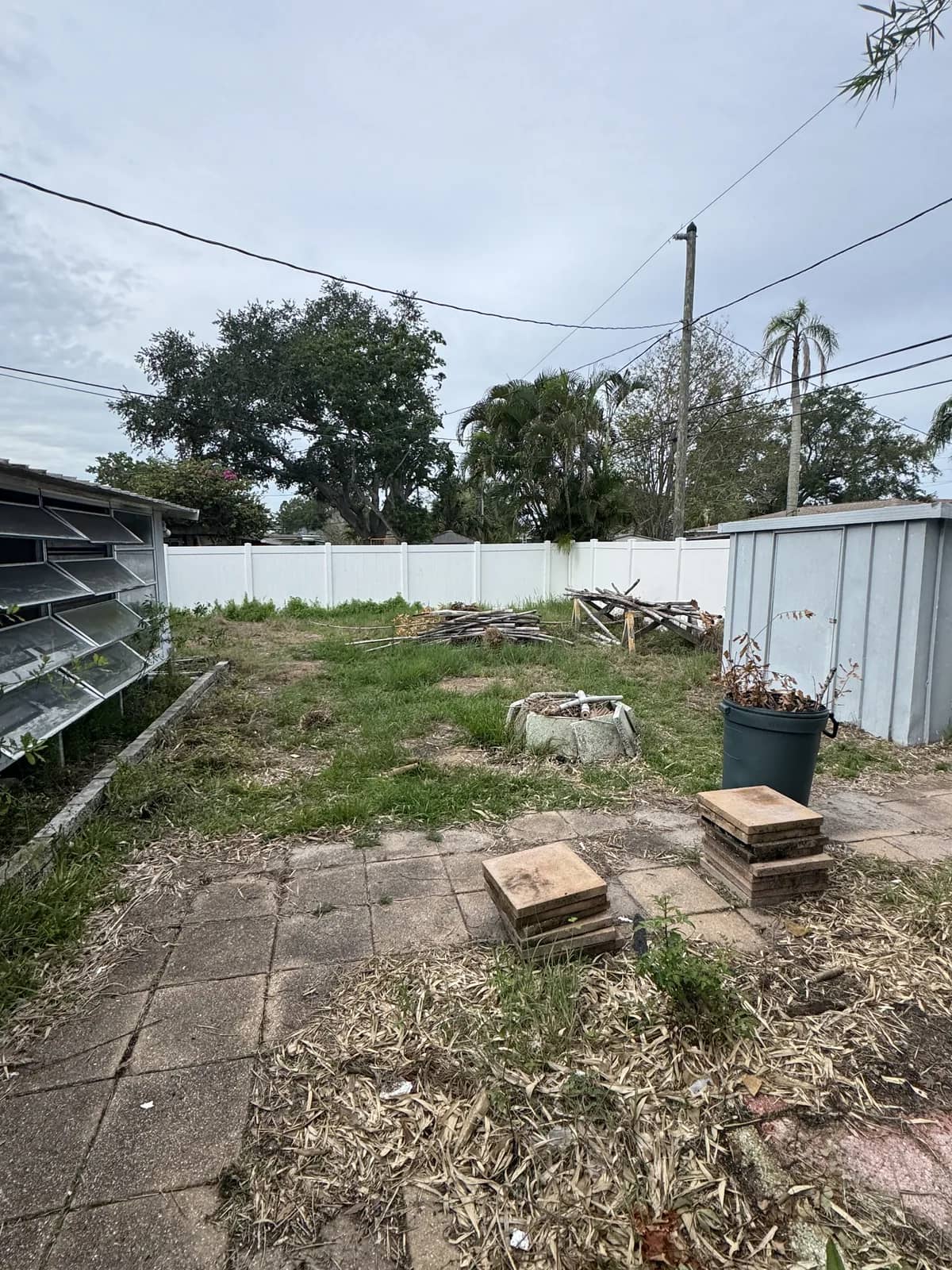 Before photo of an overgrown backyard with tall weeds, scattered debris, and crates beside a shed.