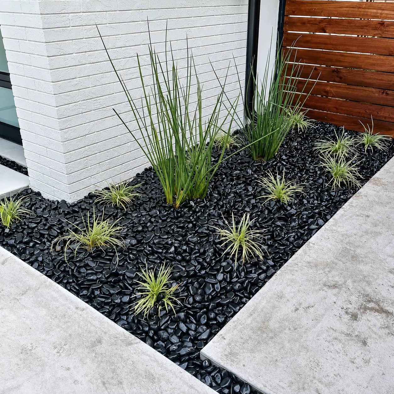 Detail view of a hardscape project with pavers, dark rock, and clean planting areas.