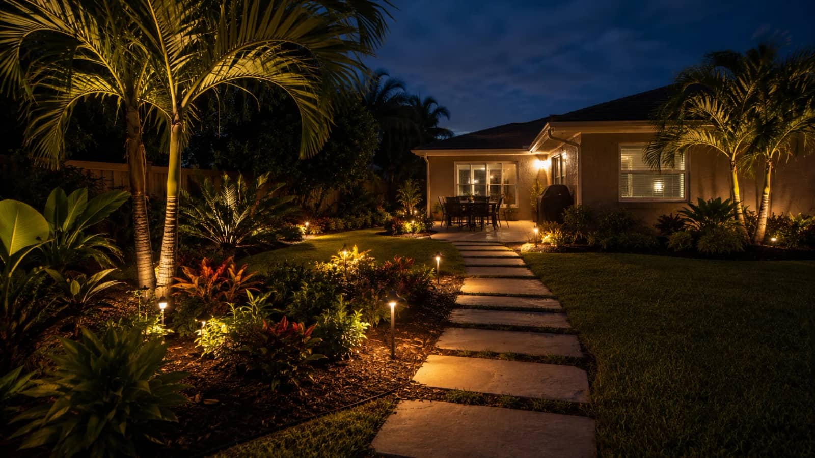 Landscape lighting illuminating palms, garden beds, a walkway, and a backyard patio at night.