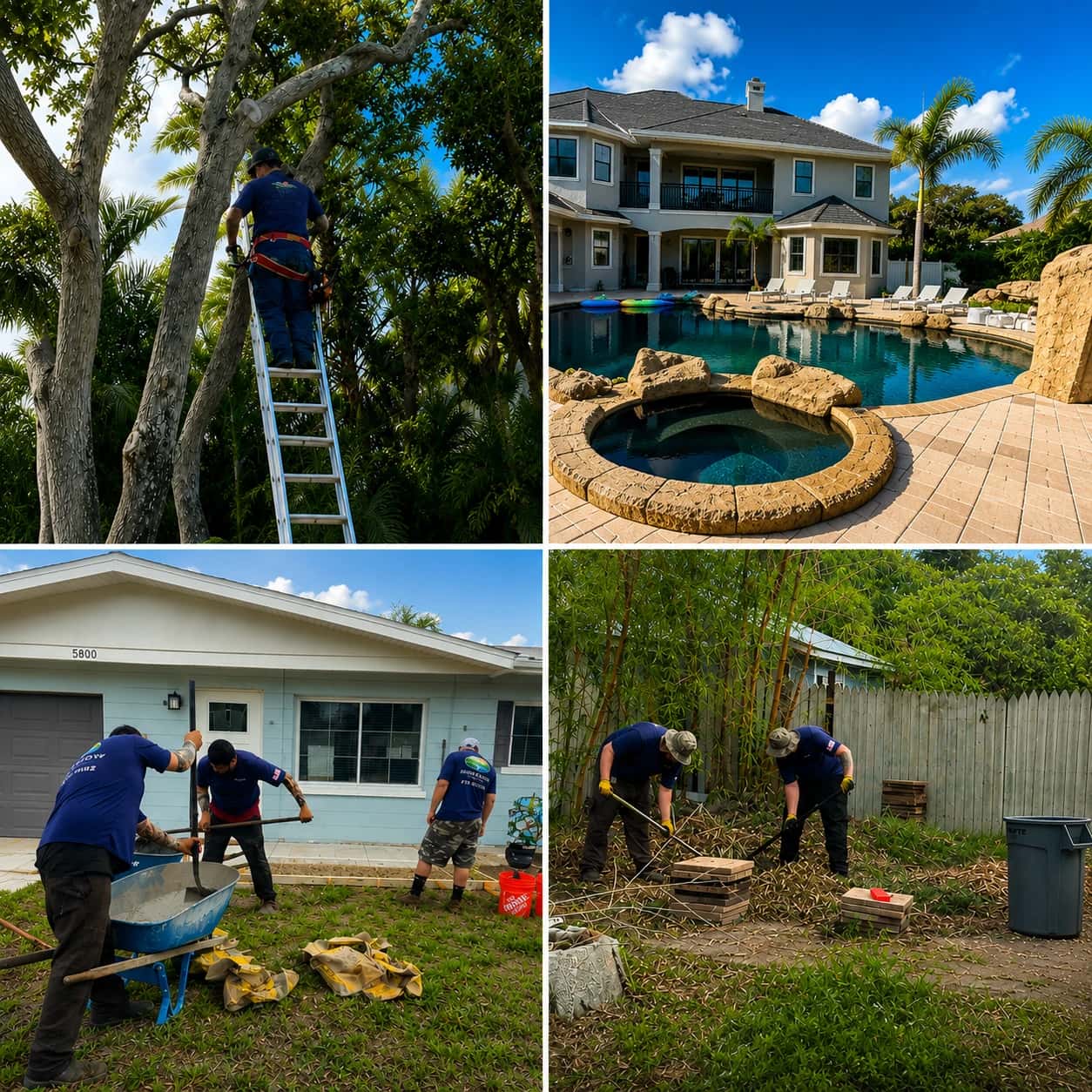 The Field and Flow Group crew at work on local yards, including tree trimming, laying sod, and clearing overgrowth.