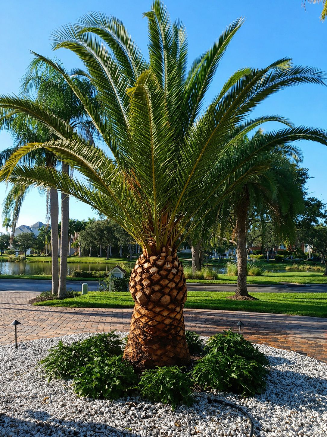 Large date palm surrounded by white rock and low plantings as a front yard centerpiece.